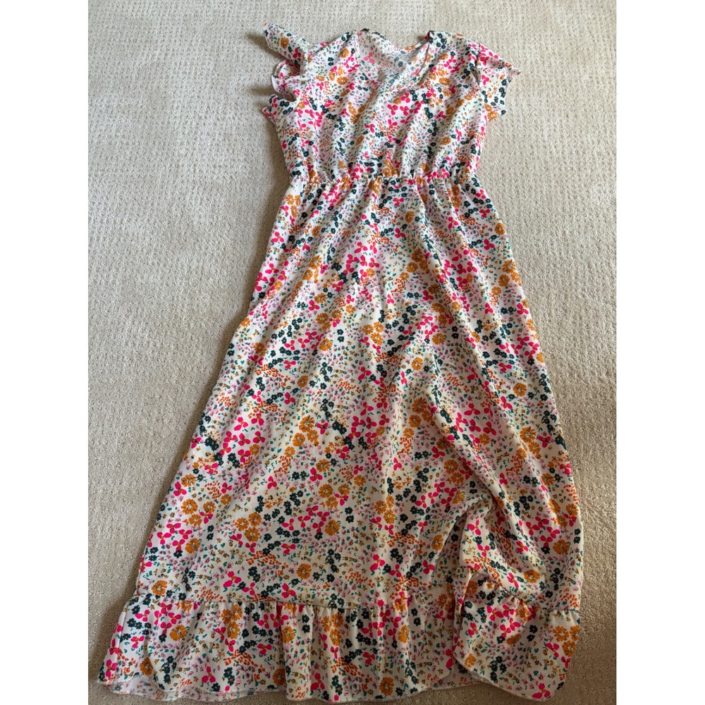 Floral V-Neck Maxi‎ Dress Ruffle Cap Sleeve Elastic Waist Multi-Color Large